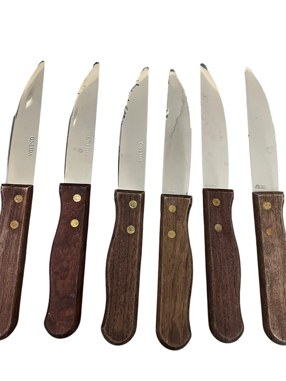 6 Oneida Stainless Steel Wood Handled Steak Knives 10” Long With Block VGC